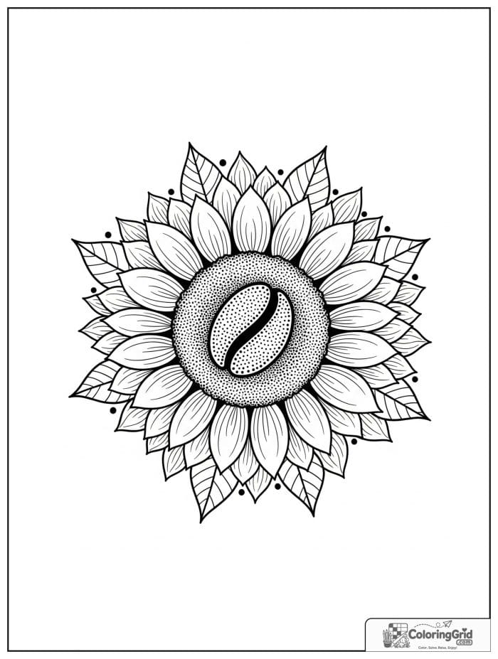 Coffee bean sunflower mandala with dotted halos and leaf bands.