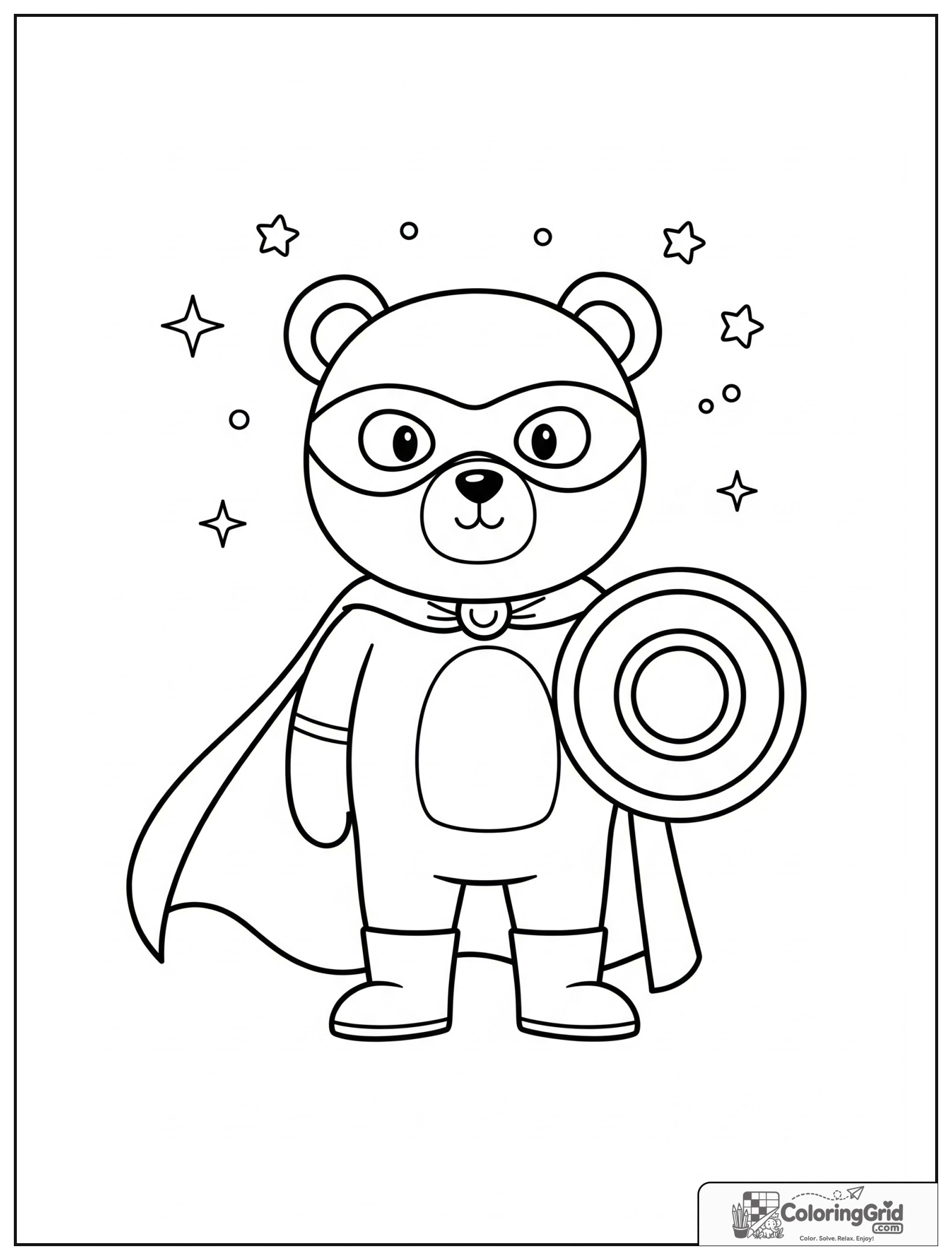 Cute bear superhero holding a shield with small stars and sparkles in the background.