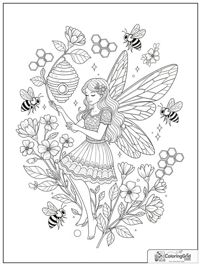 Fairy coloring page featuring a fairy with bee friends.