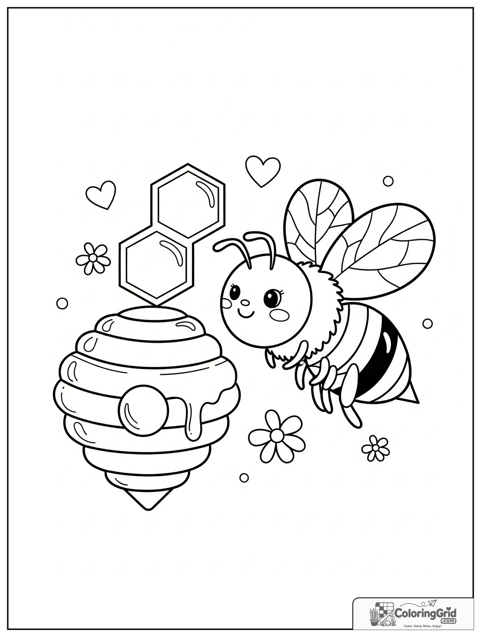 Cute bee near honeycomb with small heart and flower decorations.