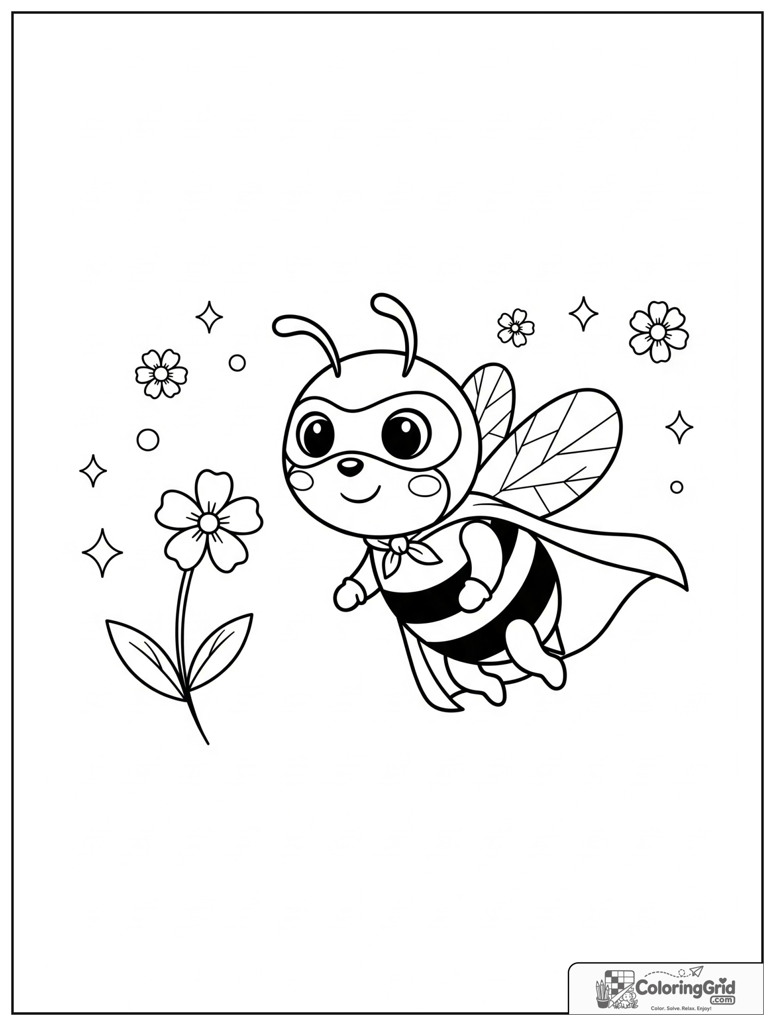 Cute bee superhero beside a flower with small floral details.