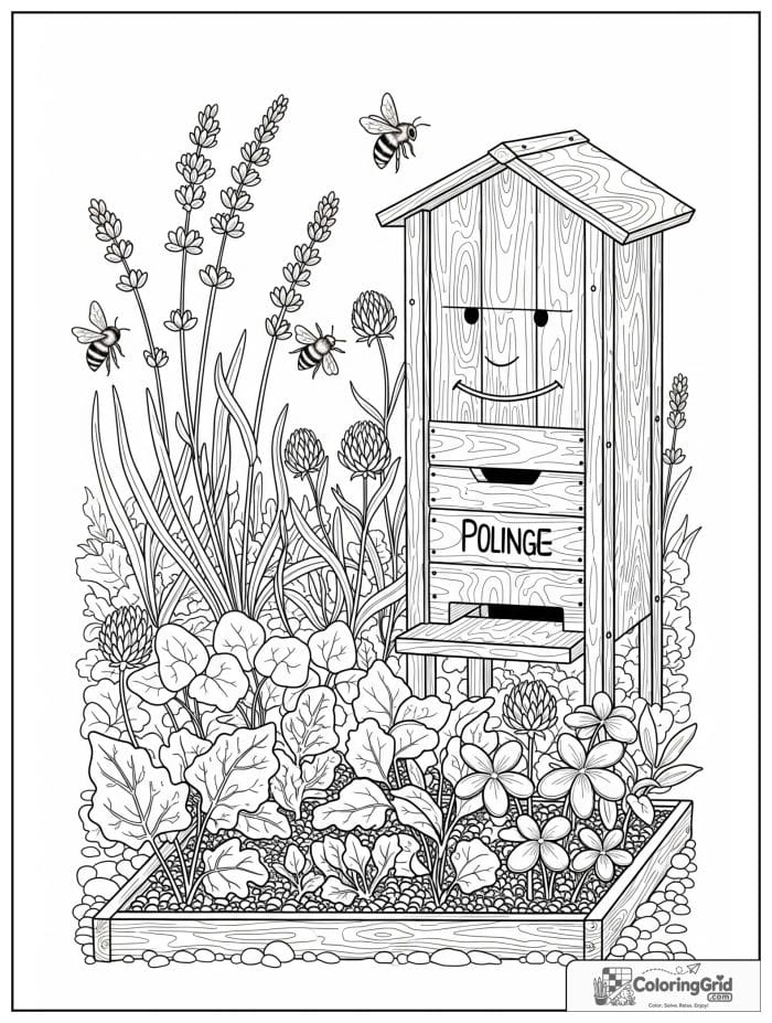 Garden coloring page featuring a beehive in a pollinator garden.