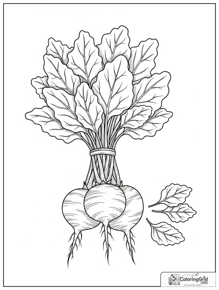 Vegetable coloring page featuring a bunch of beets with roots and leaves.