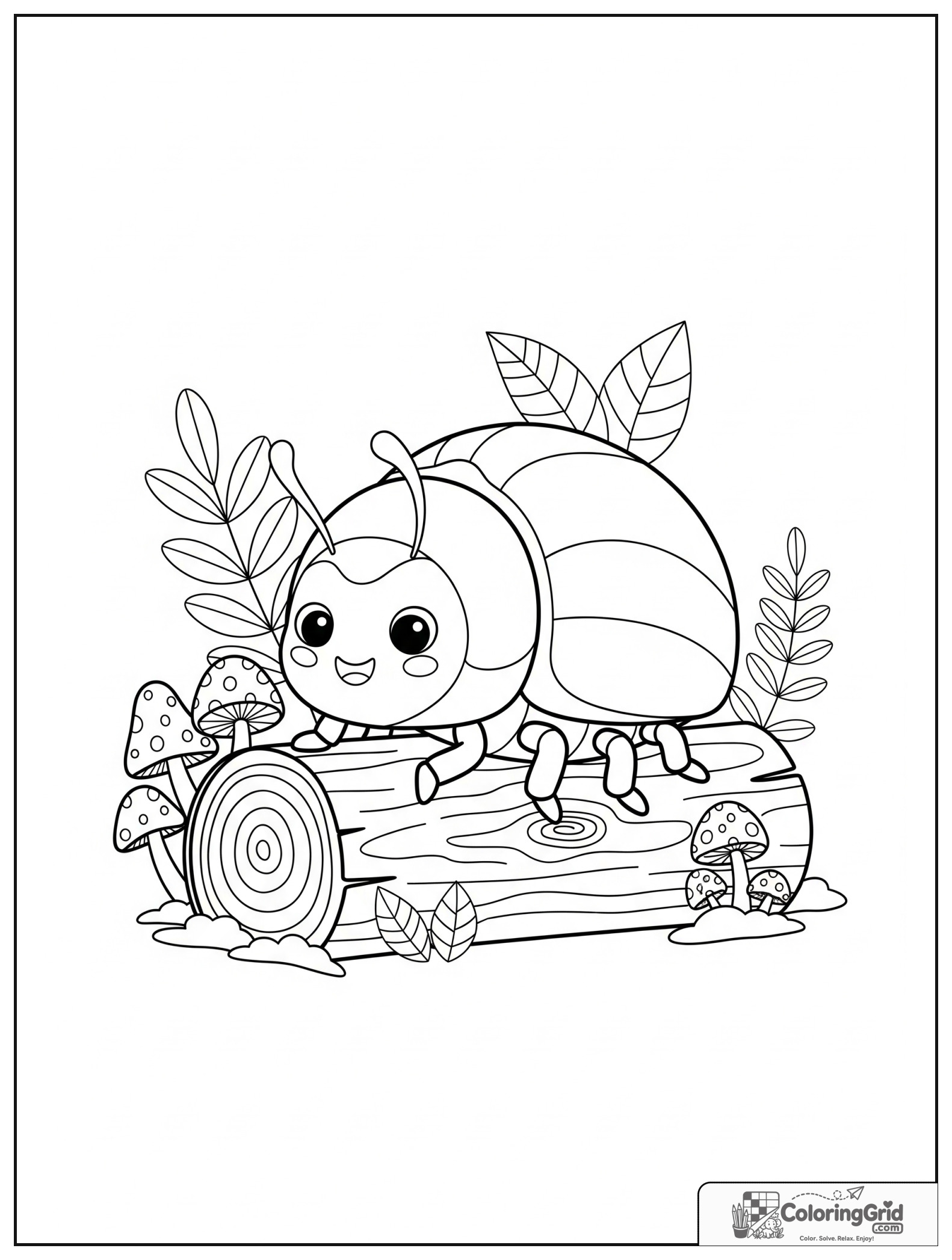 Cute beetle on a log with small leaf and mushroom decorations.