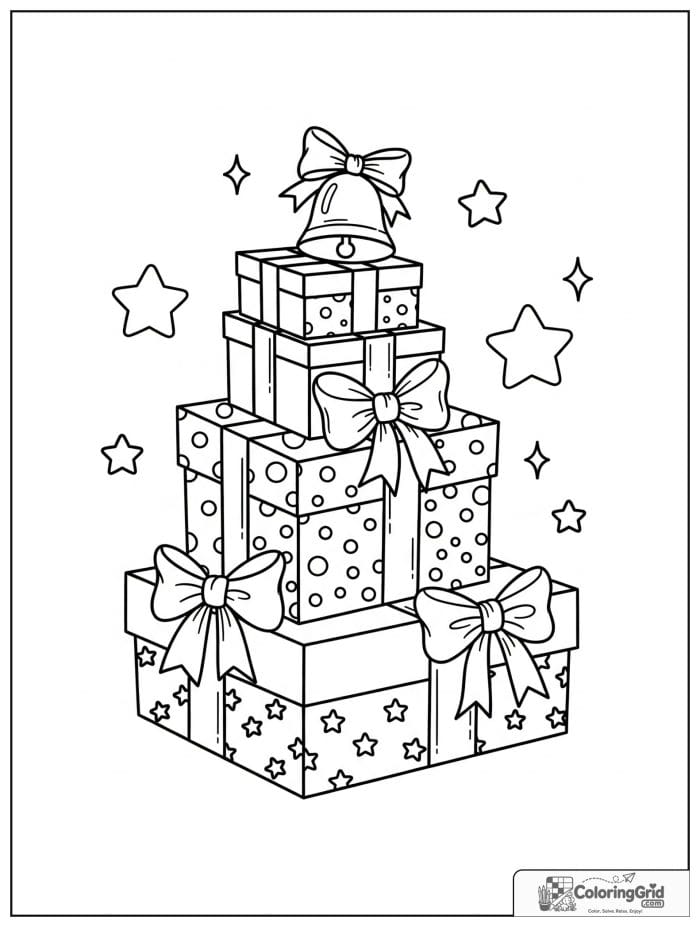 Stack of wrapped presents with a bell on top.