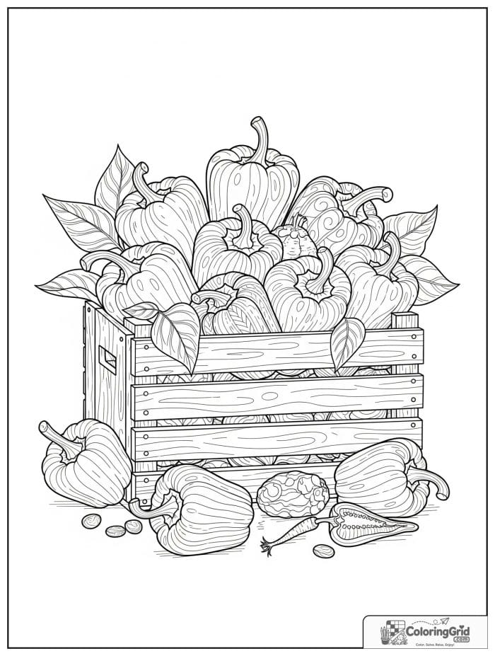 Vegetable coloring page featuring bell peppers in a crate.