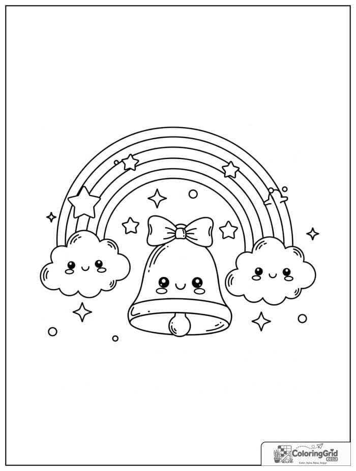 Happy bell under a rainbow with clouds.