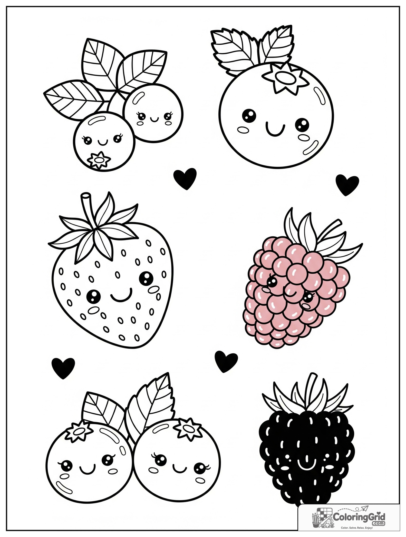 Cute berry friends collage with small heart and leaf decorations.