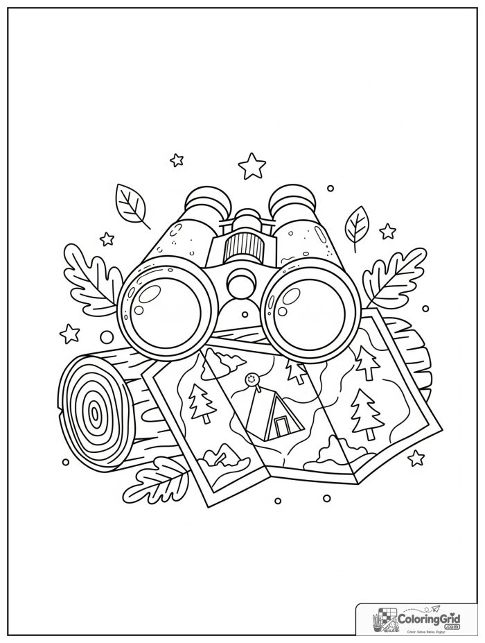 Summer Camp Coloring Pages showing binoculars and a map on a log.