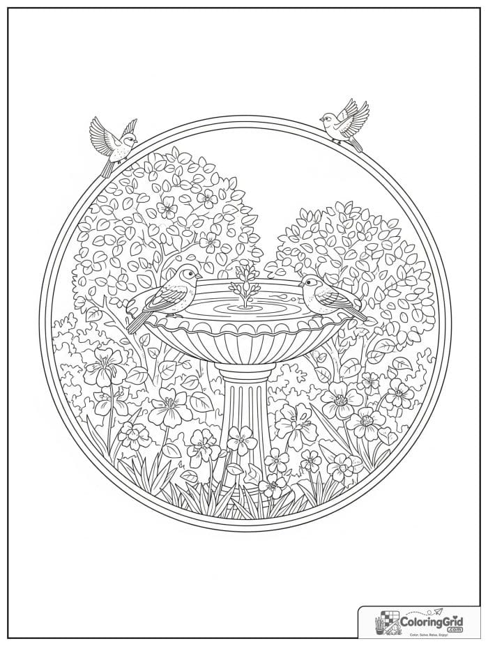 Garden coloring page featuring a birdbath surrounded by flowers.
