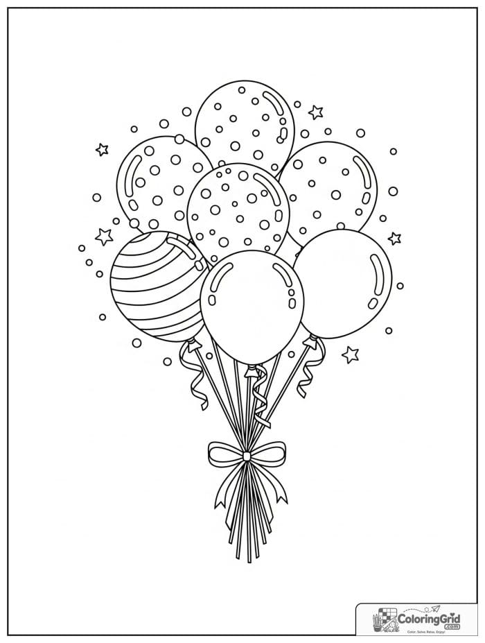 Birthday coloring page featuring a bouquet of birthday balloons.