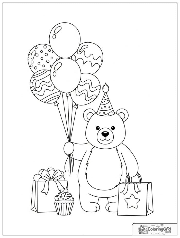 Birthday coloring page featuring a bear holding birthday balloons.