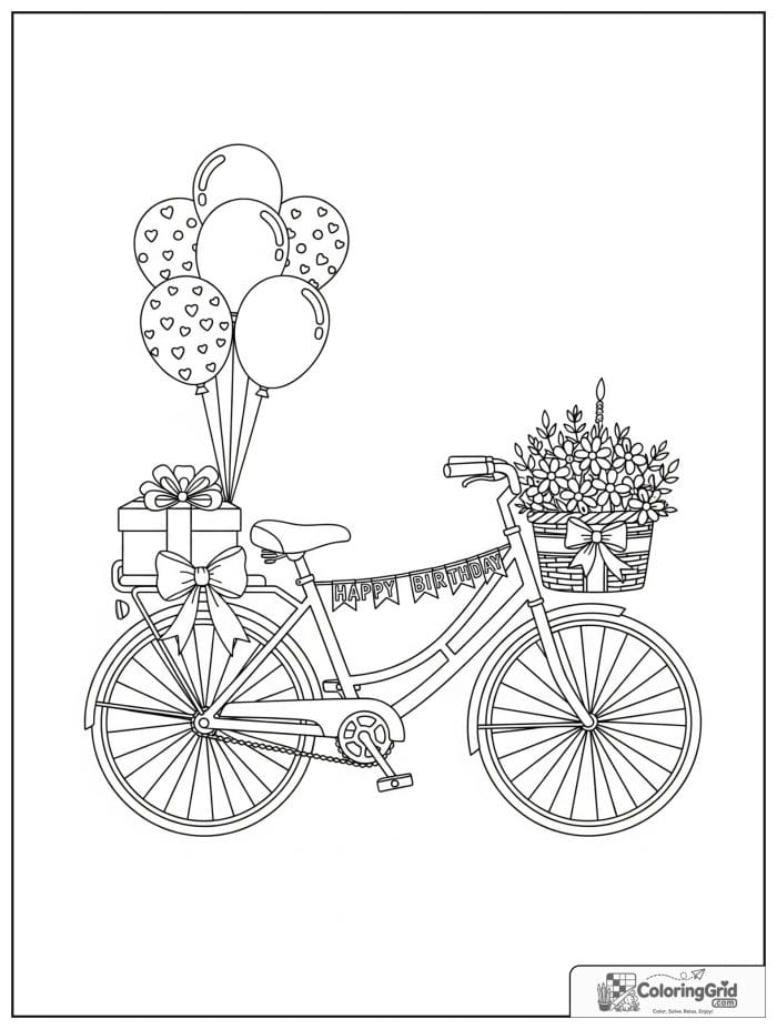 Birthday coloring page featuring a bicycle decorated with balloons and a gift.