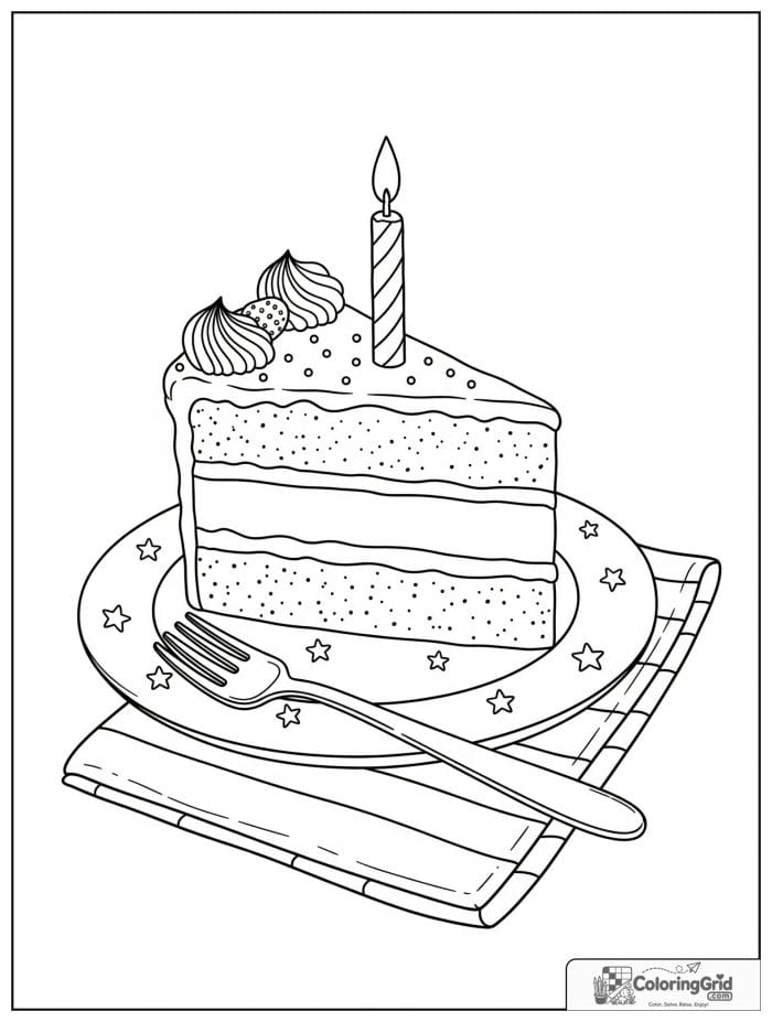 Birthday coloring page featuring a slice of birthday cake on a plate.