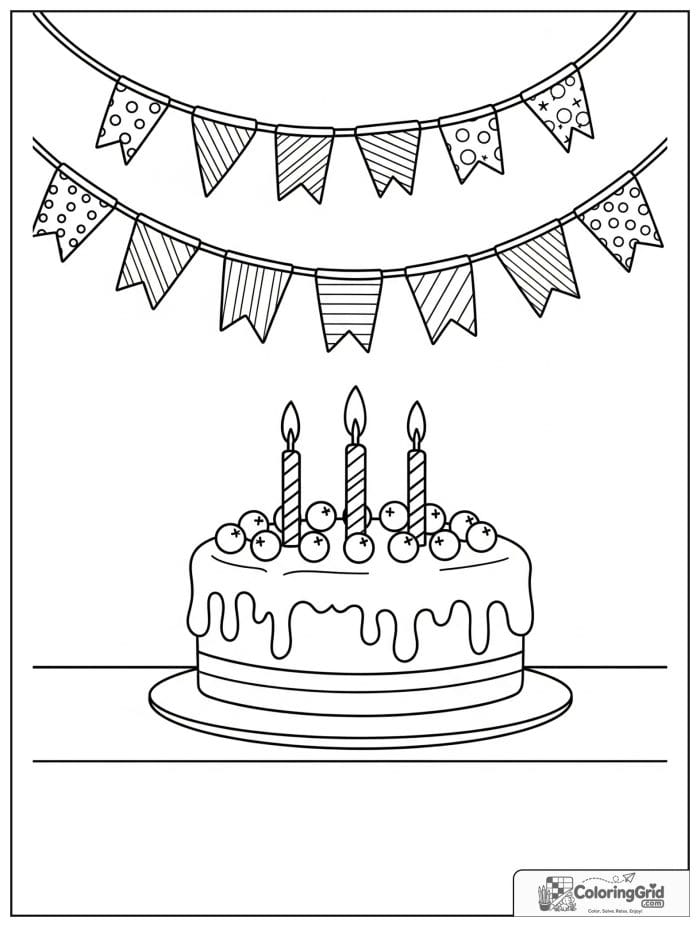 Birthday cake with party banners for Cake Coloring Pages