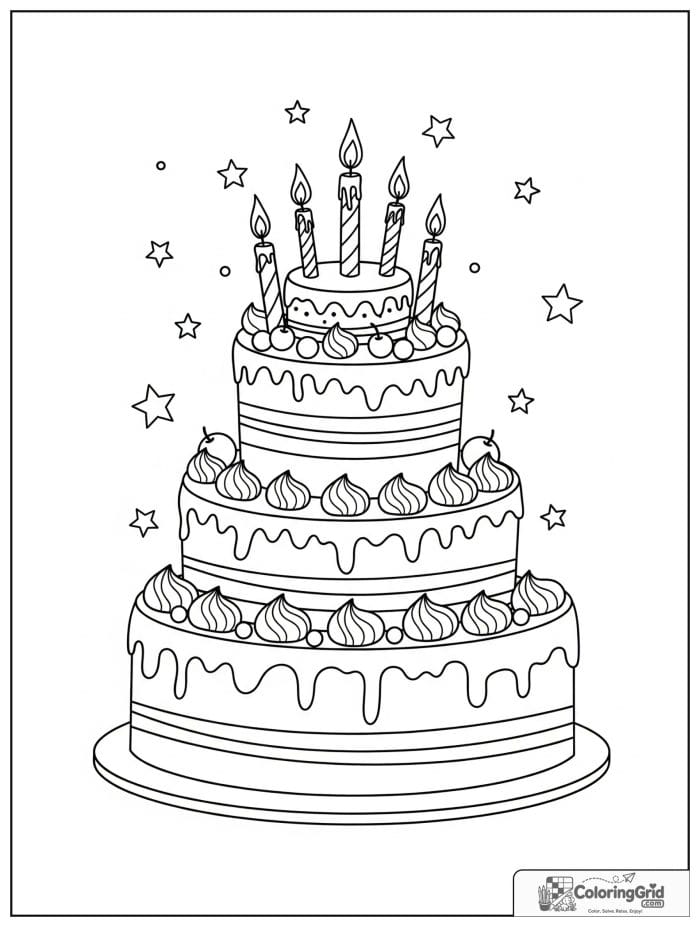 Birthday coloring page featuring a layered birthday cake with candles.
