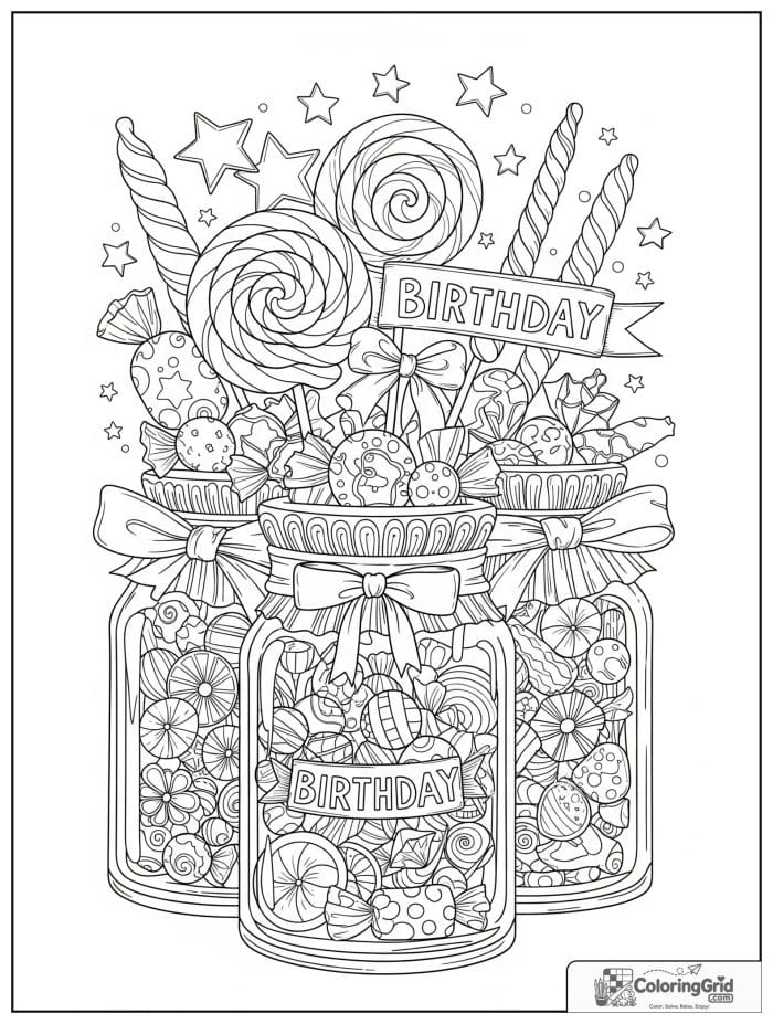 Birthday coloring page featuring candy jars at a birthday party.