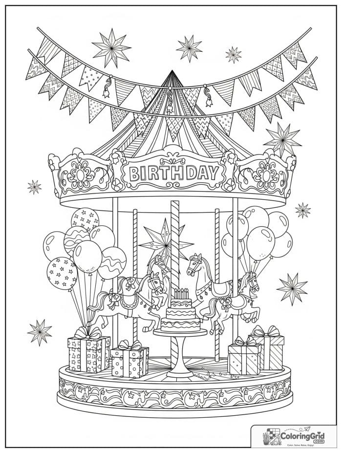Birthday coloring page featuring a festive birthday carousel scene.