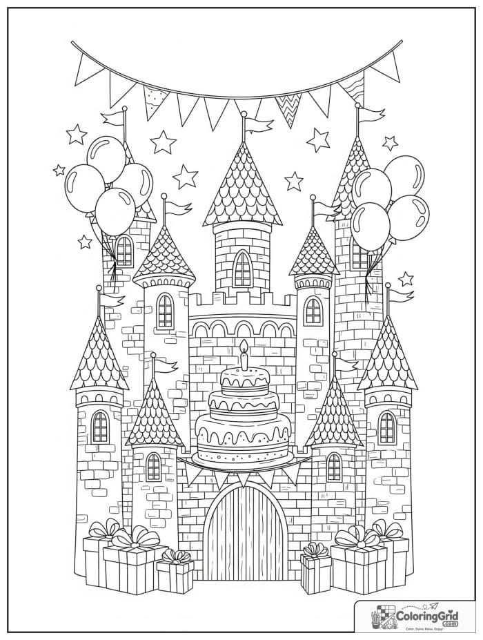 Birthday coloring page featuring a castle decorated for a birthday celebration.