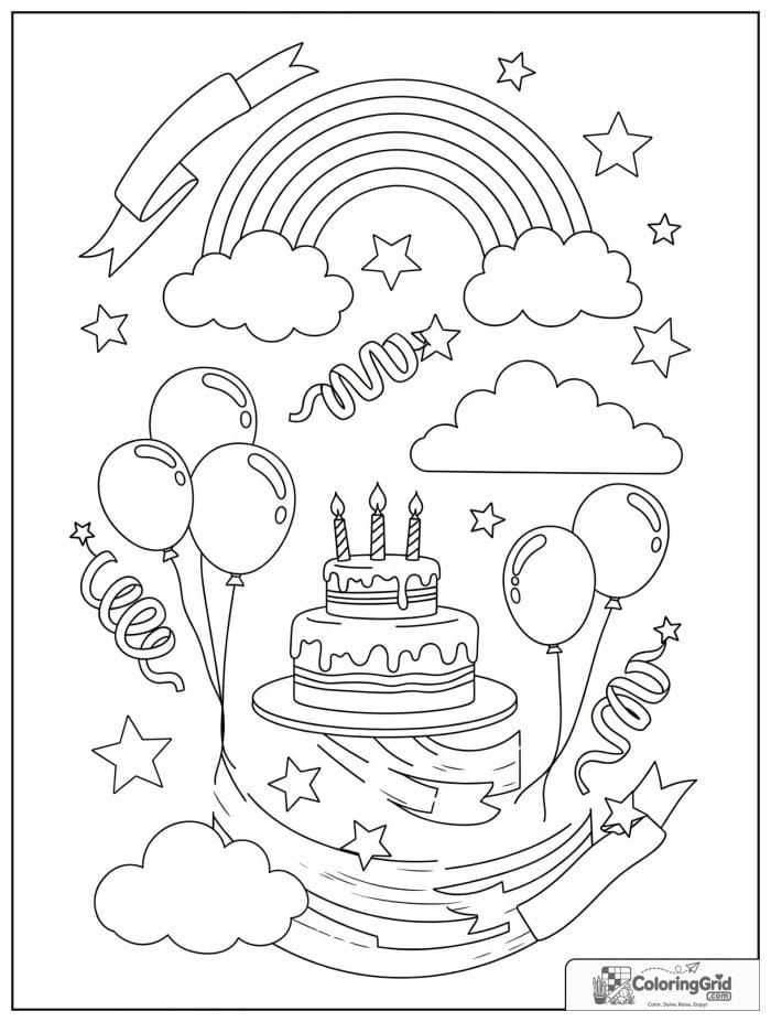 Birthday coloring page featuring a rainbow birthday scene with clouds and balloons.