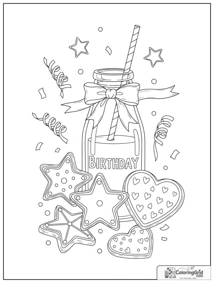 Birthday coloring page featuring birthday cookies and milk.