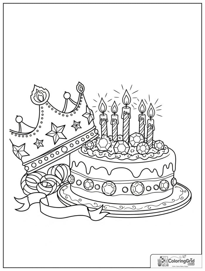 Birthday coloring page featuring a birthday crown and cake.