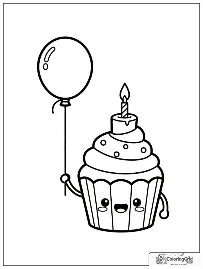 Birthday cupcake with balloon for Cake Coloring Pages
