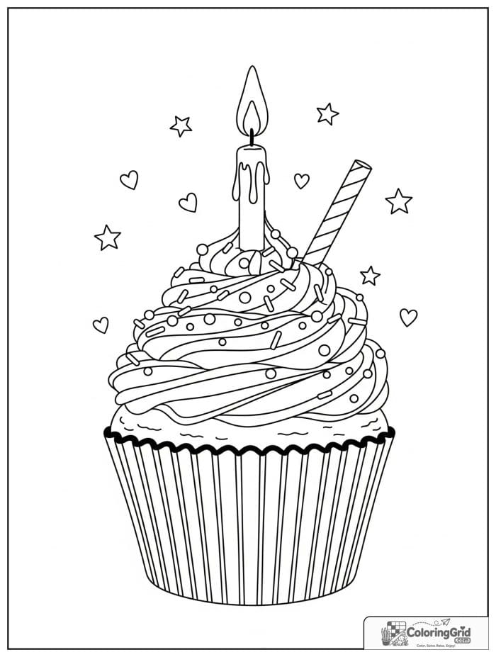 Birthday coloring page featuring a cupcake with frosting and a candle.