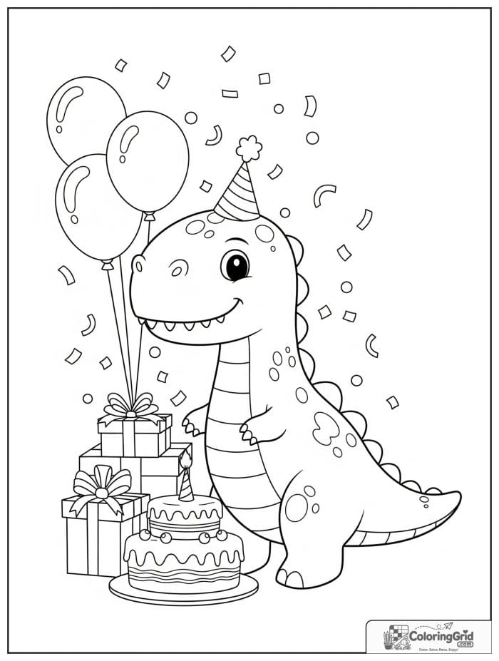 Birthday coloring page featuring a friendly dinosaur birthday party.