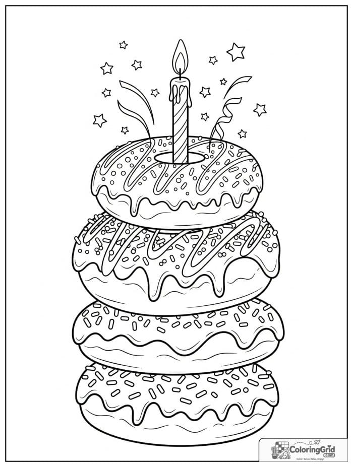 Birthday coloring page featuring a stack of birthday donuts.