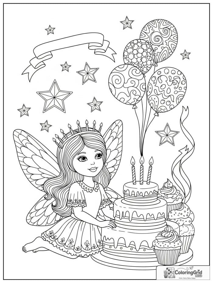 Birthday coloring page featuring a fairy at a birthday cake party.