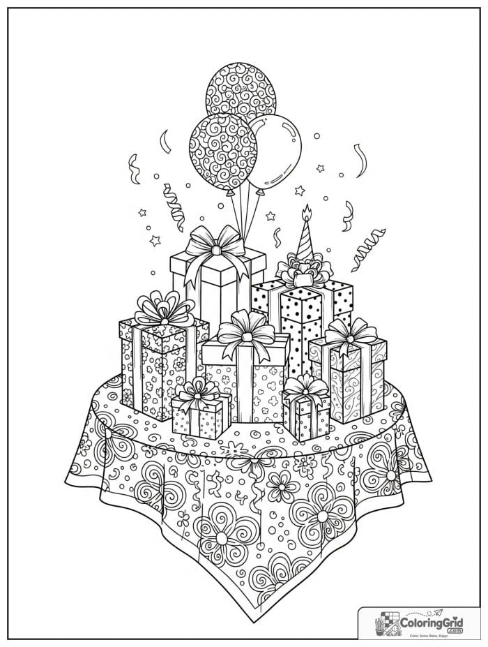 Birthday coloring page featuring a display table of birthday gifts.