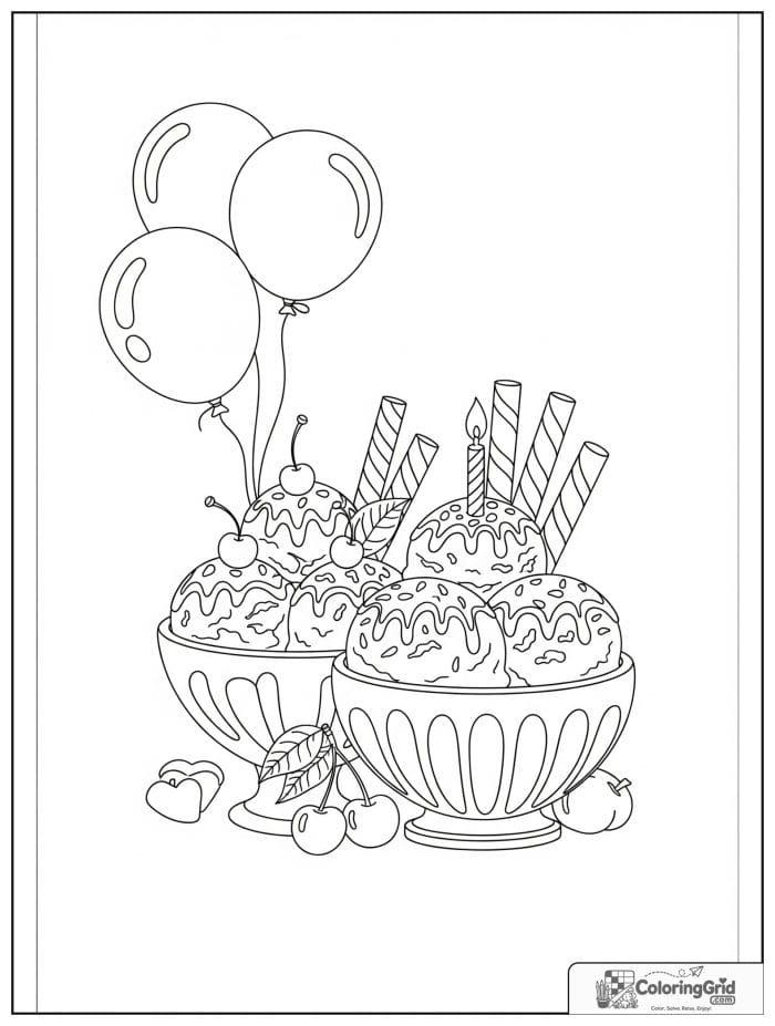 Birthday coloring page featuring birthday ice cream treats.