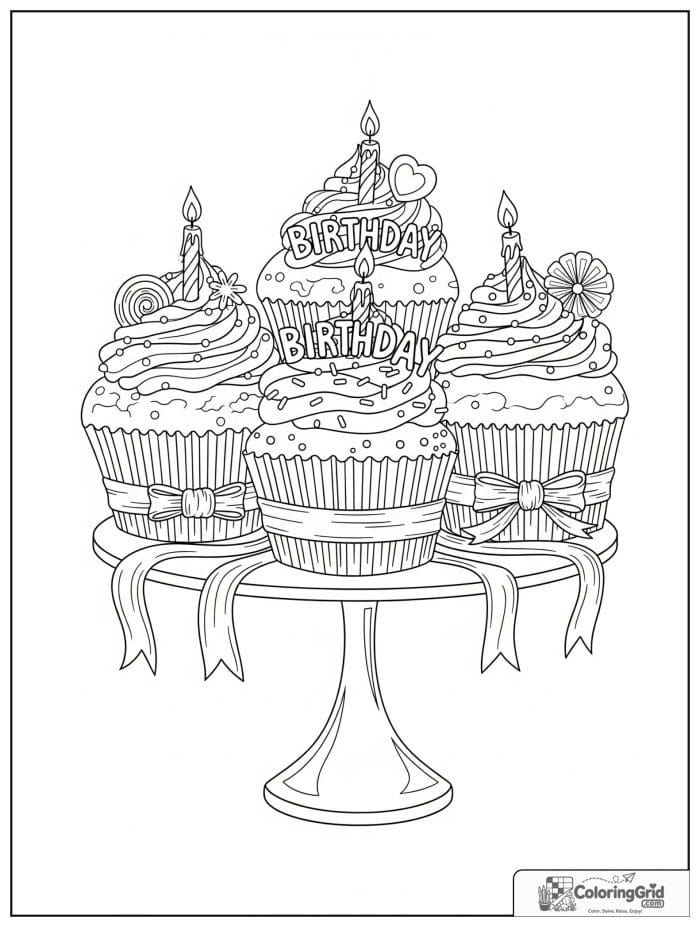 Birthday coloring page featuring birthday muffins on a stand.