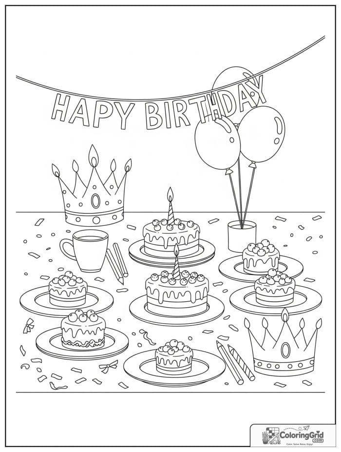 Birthday coloring page featuring a table with party crowns and treats.