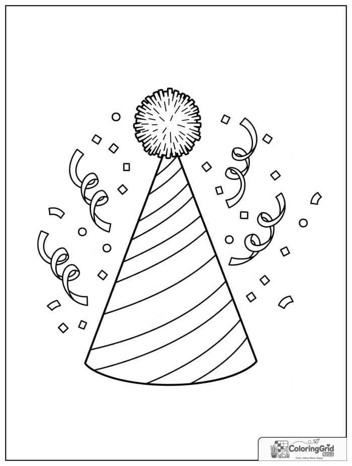 Birthday coloring page featuring a party hat and streamers.