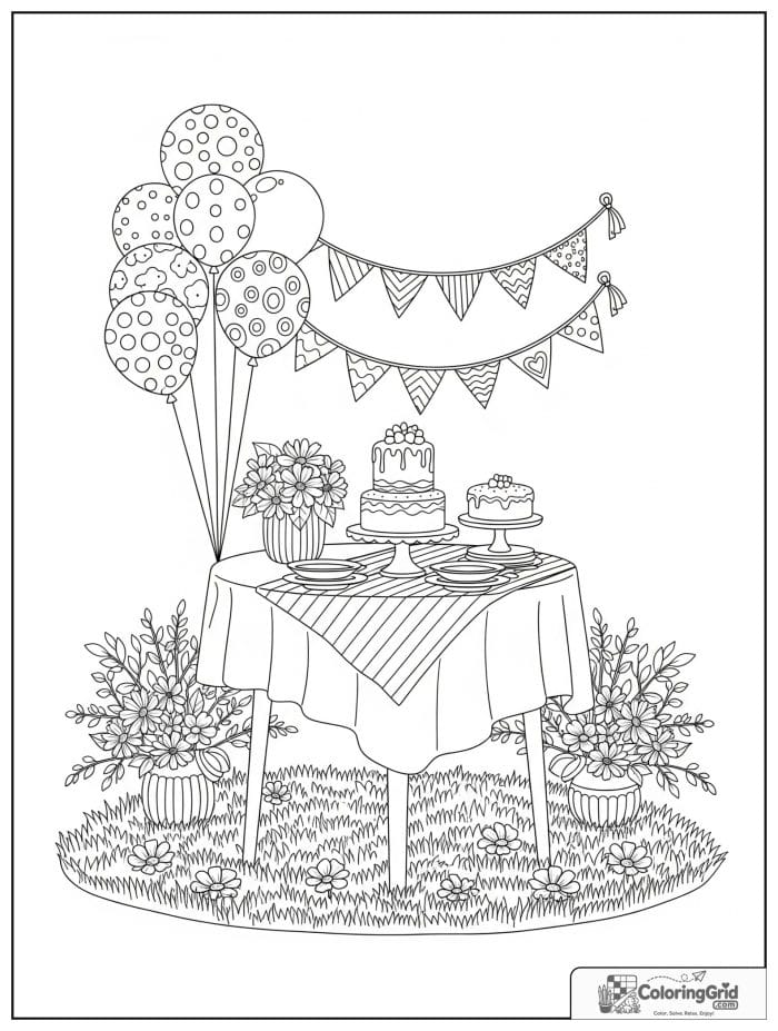 Birthday coloring page featuring a birthday party in a garden.