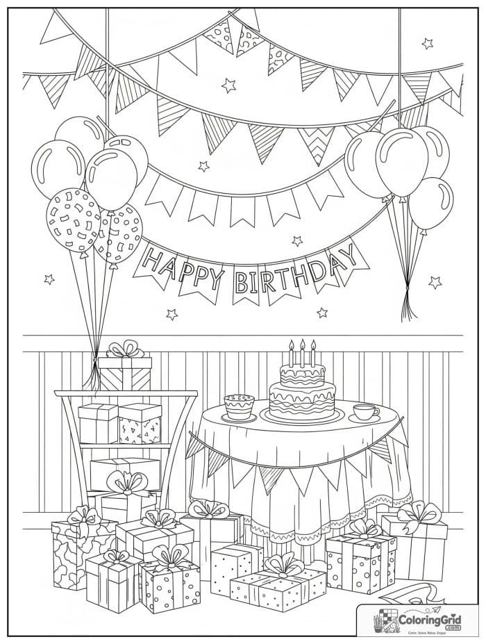 Birthday coloring page featuring a decorated birthday party room.