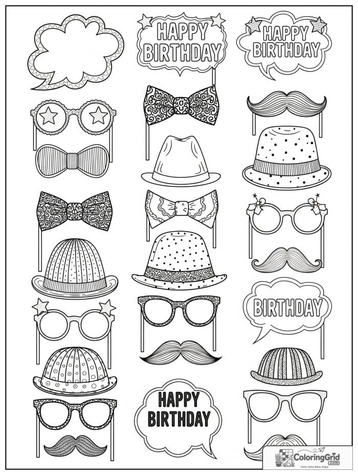 Birthday coloring page featuring birthday photo booth props.
