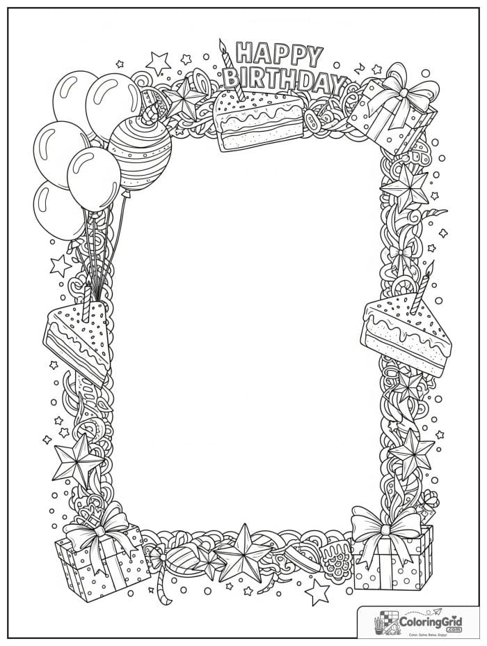 Birthday coloring page featuring a decorative birthday photo frame design.