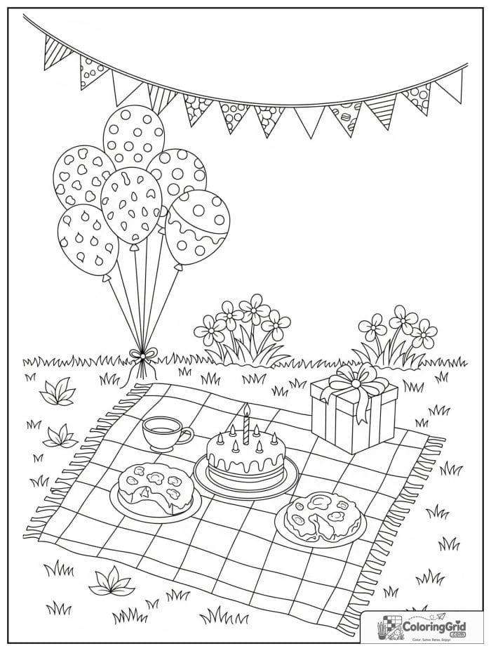 Birthday coloring page featuring an outdoor birthday picnic.