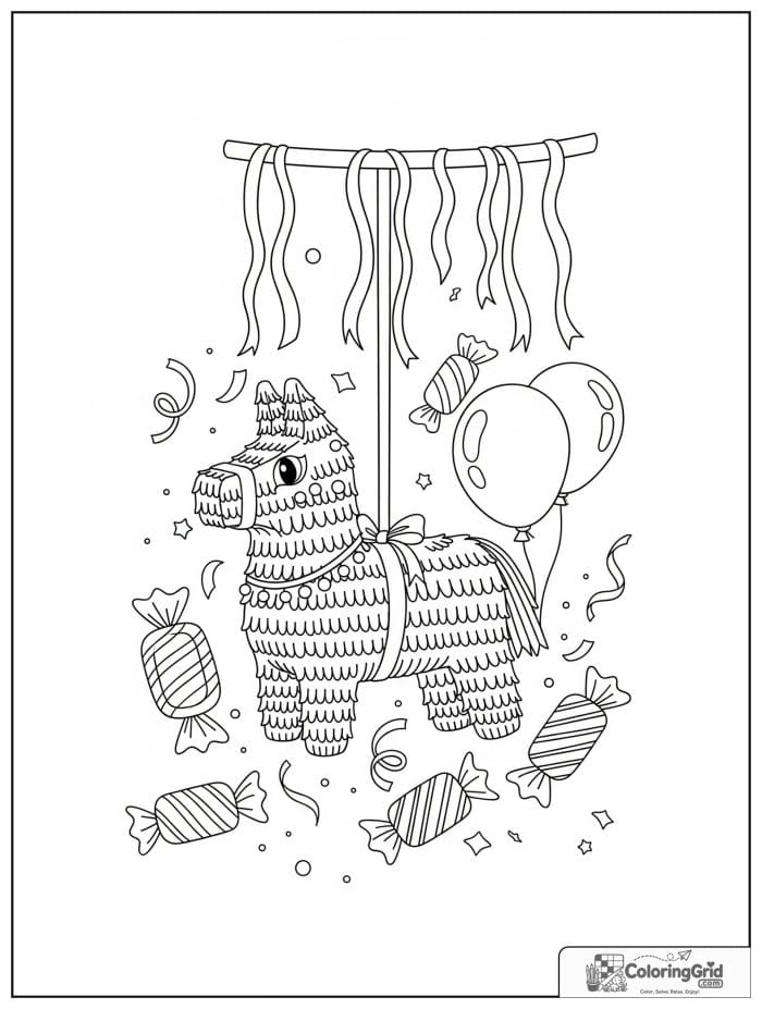 Birthday coloring page featuring a birthday pinata.