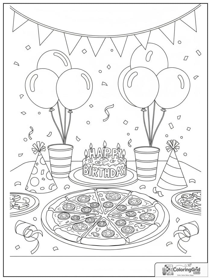 Birthday coloring page featuring a birthday pizza party.