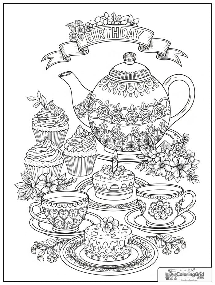 Birthday coloring page featuring a birthday tea party.