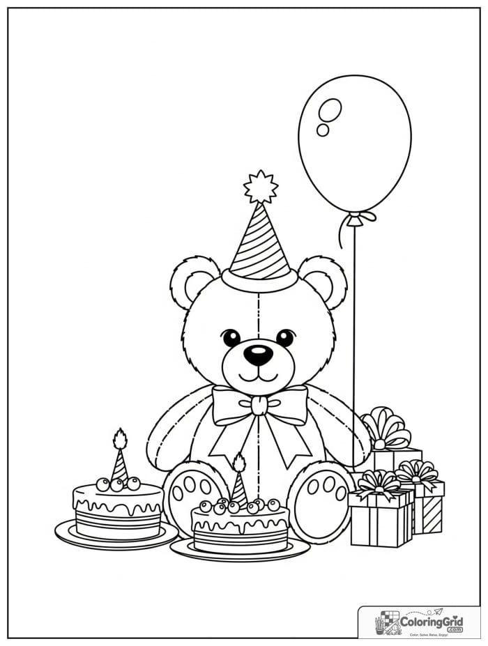 Birthday coloring page featuring a teddy bear birthday party.