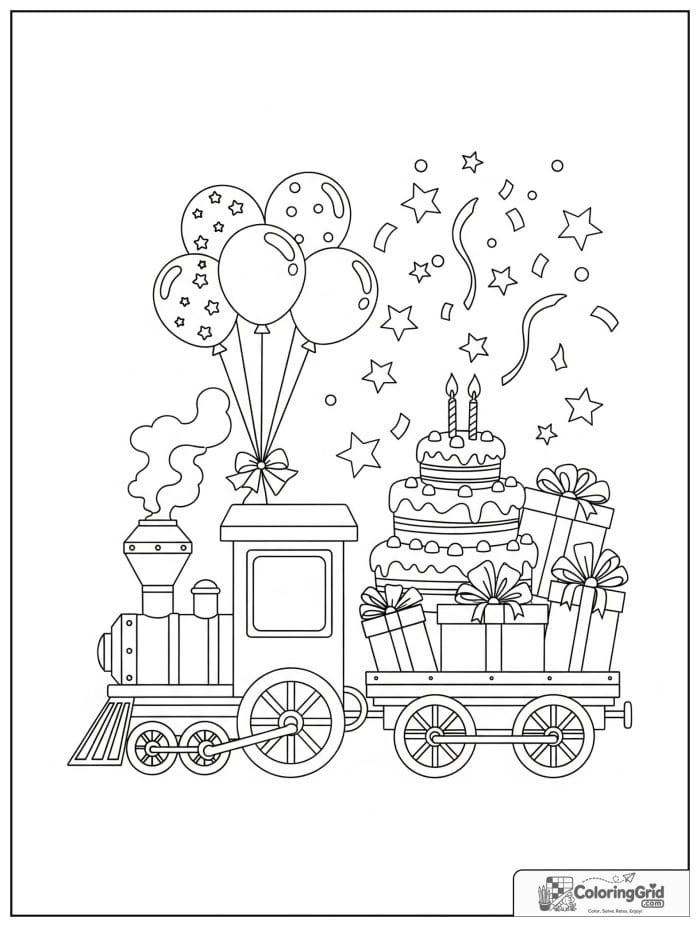 Birthday coloring page featuring a cheerful birthday train with presents.