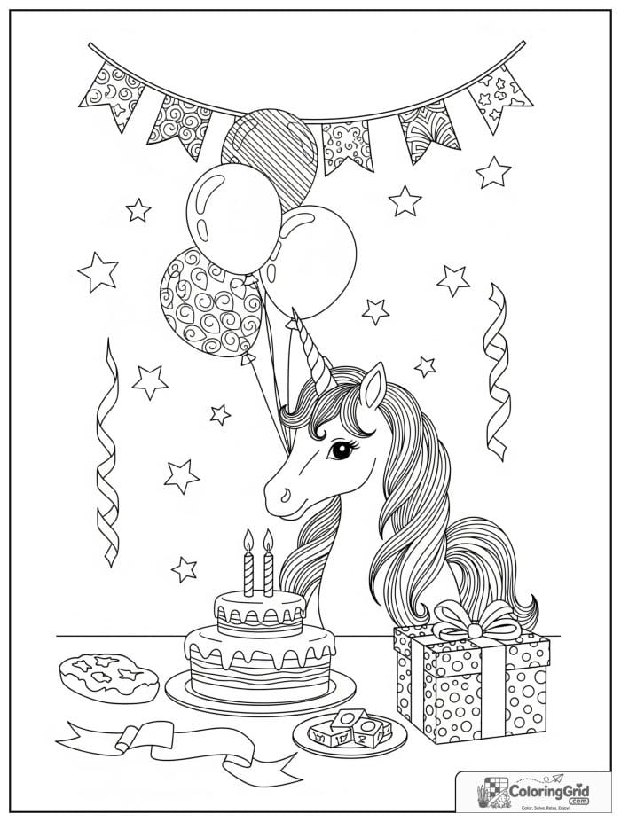 Birthday coloring page featuring a unicorn at a birthday party.