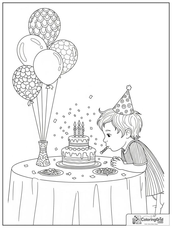Birthday coloring page featuring a child making a wish before blowing candles.