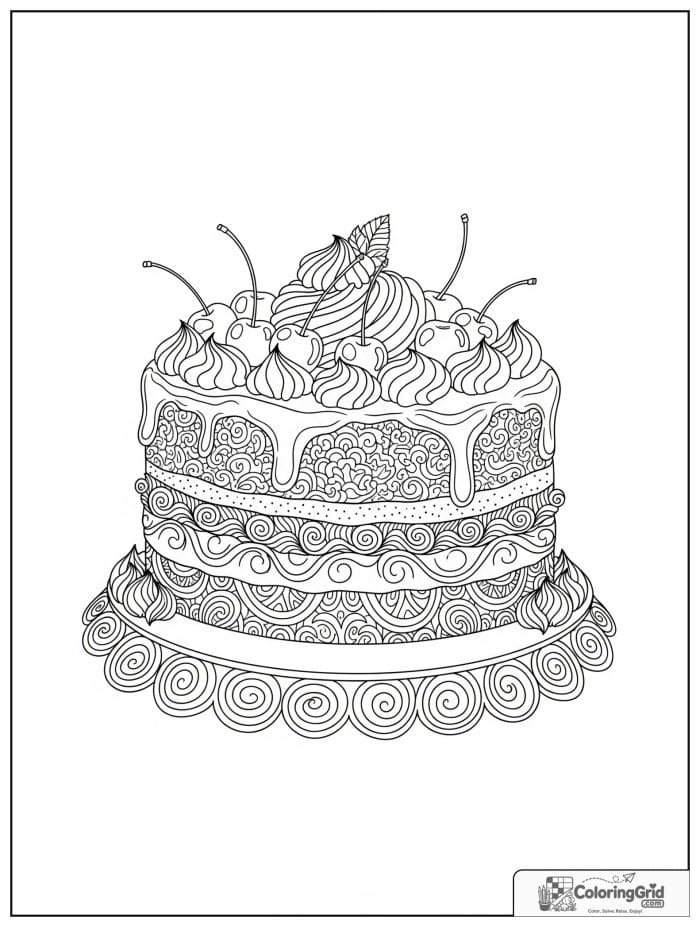 Detailed cherry topped cake for Cake Coloring Pages