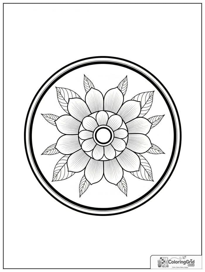 Easy mandala coloring page featuring a blossom wheel design.